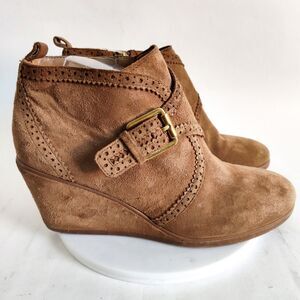 Franco Sarto Boots Womens 10 Arielle Zip Wedge Ankle Booties Camel Tan Suede